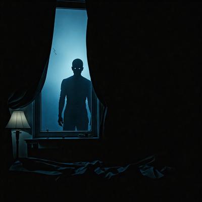 The primary subject of the image is a person, possibly a man, standing in a dark room with a blue tint. The person appears to be wearing a black shirt and is positioned in front of a window. The setting is a dark room, and the visual style is a photo. The colors and mood of the image are predominantly dark, with a hint of blue from the tinted window.